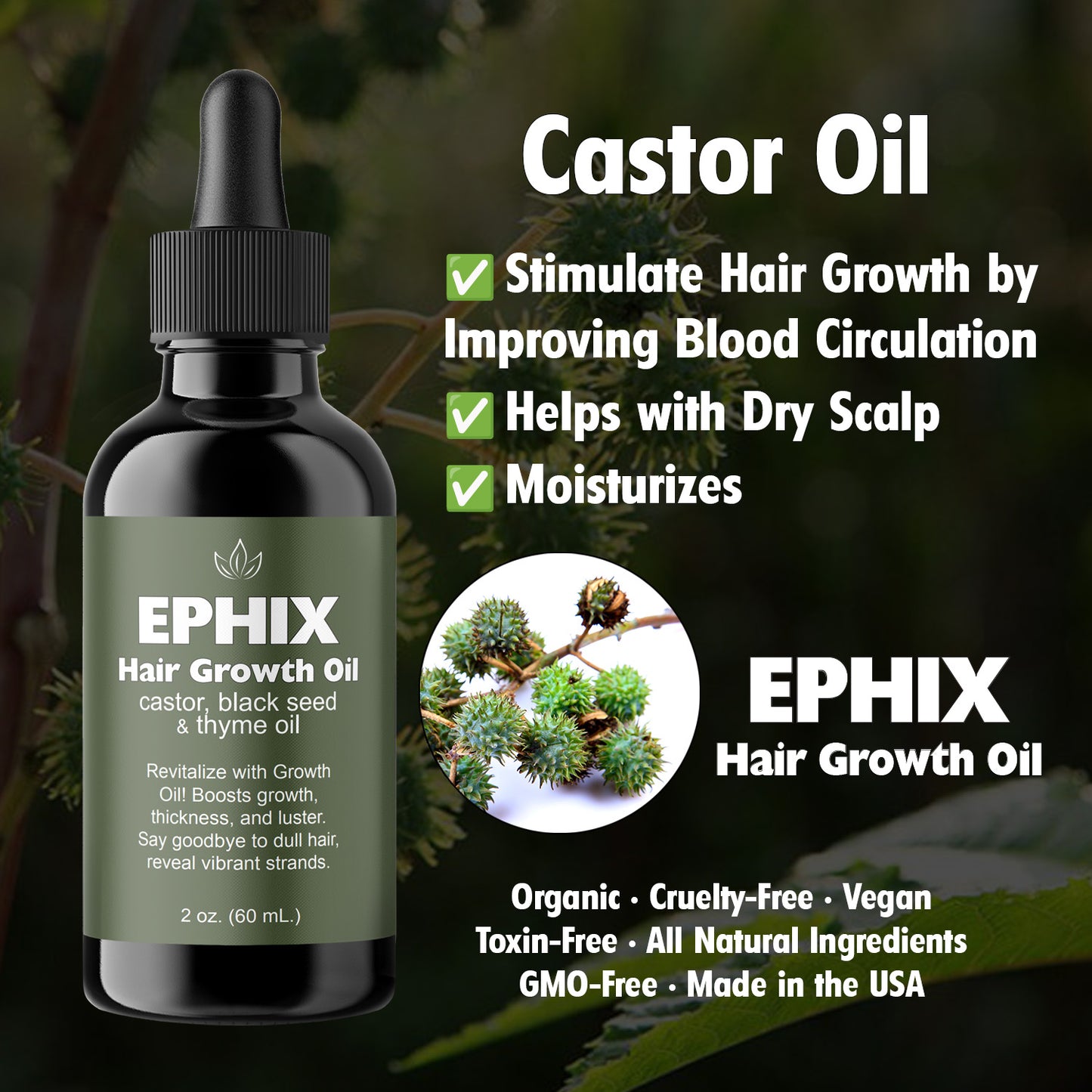 EPHIX Hair Growth Oil with Castor, Black Seed, and Thyme Oil