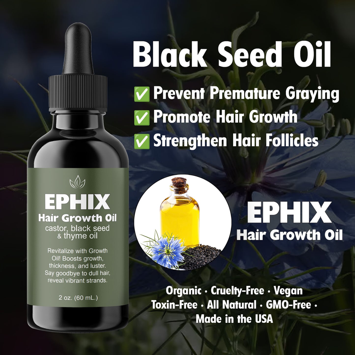 EPHIX Hair Growth Oil with Castor, Black Seed, and Thyme Oil
